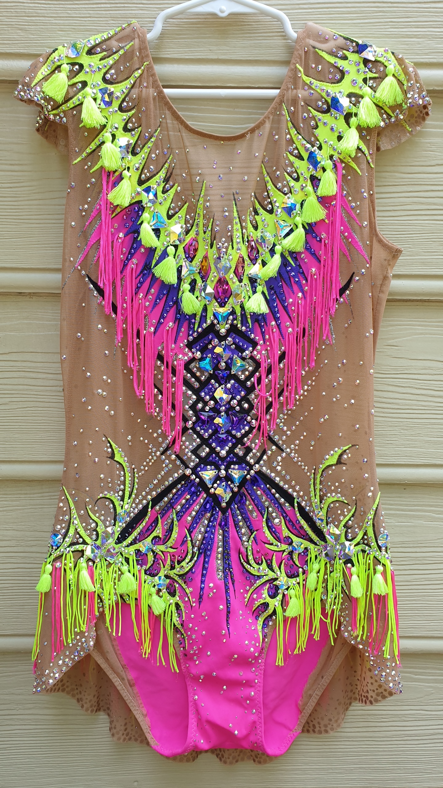 Neon pink/yellow tassel rhythmic gymnastics leotard