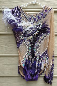 Purple/white feathers rhythmic gymnastics leotard