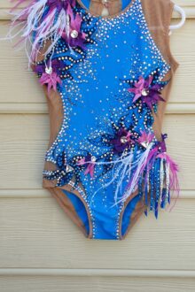 No skirt blue with 3D flowers rhythmic gymnastics leotard