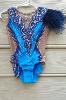 Blue feathery shoulder rhythmic gymnastics leotard
