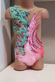 Pink/light green rhythmic gymnastics leotard