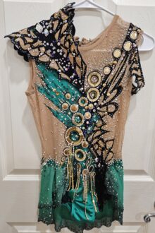 Xcel Bronze, Silver, Gold, Platinum, Diamond and FIG level Green/gold Leotard