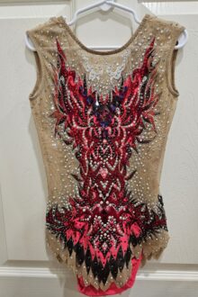 Xcel and FIG level red velvet rhythmic gymnastics leotard