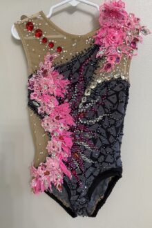 Xcel bronze, gold, silver, FIG level gray/pink rhythmic gymnastics leotard.