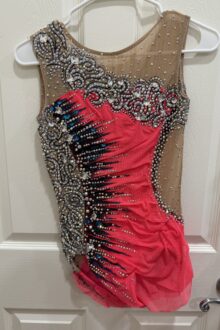 FIG level and Xcel level orange rhythmic gymnastics leotard