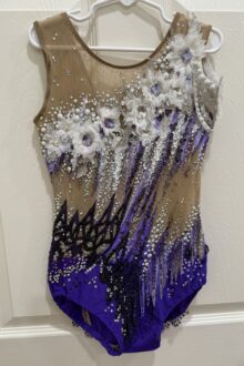 FIG level and Xcel level white flowers/purple rhythmic gymnastics leotard